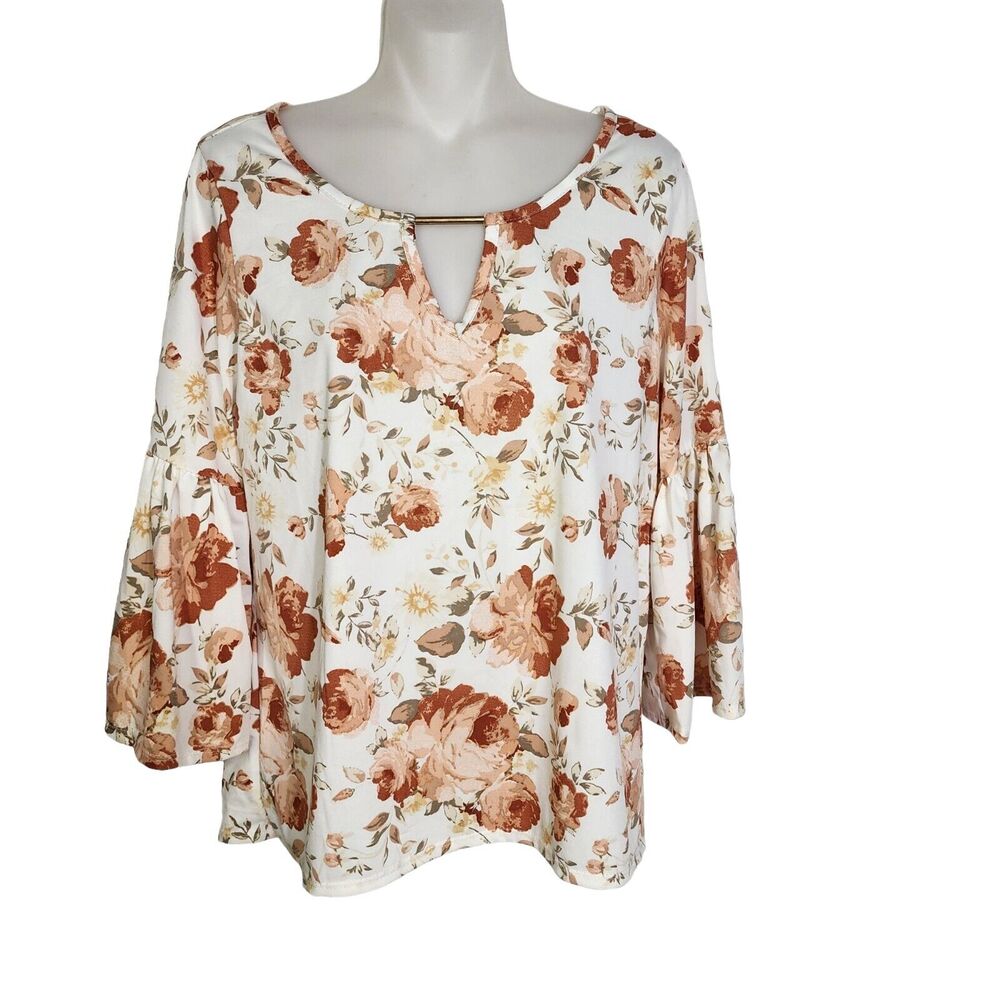 French Laundry Womens Top Blouse Medium Floral 3/4 Bell Sleeve Polyester Stretch